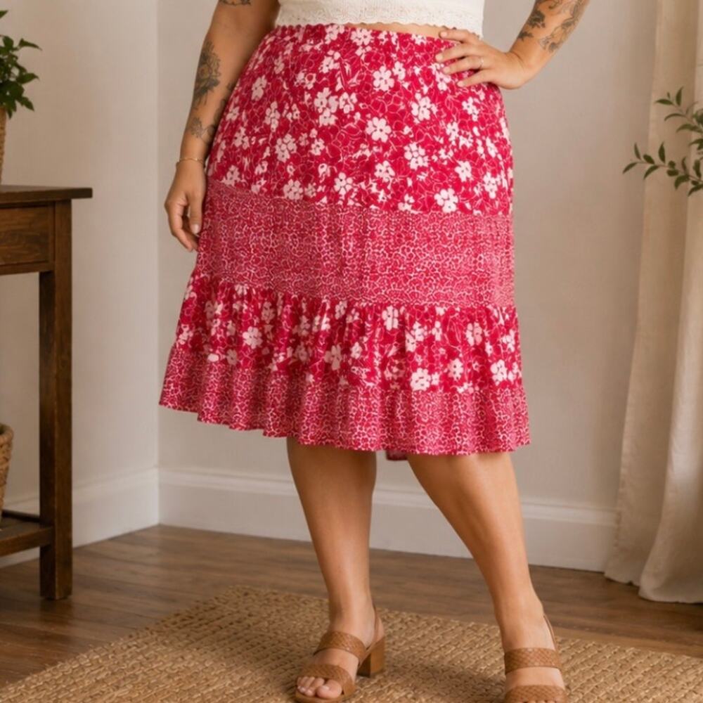 Susan Graver Red Floral Tiered Midi Skirt Boho Cottagecore 2X